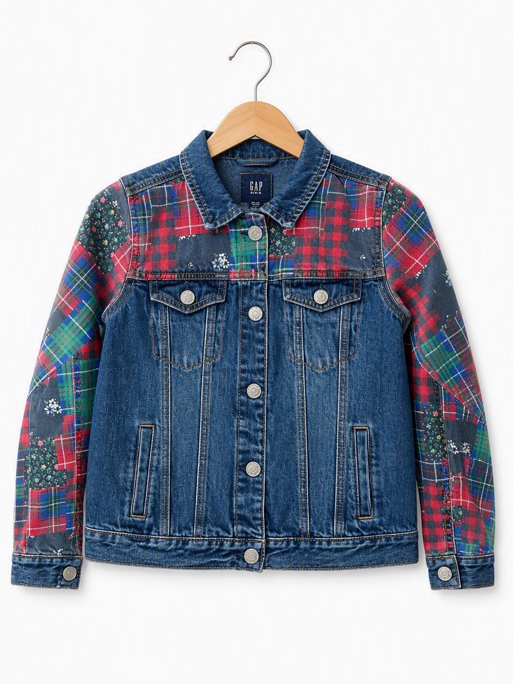 Gap Kids Girls Plaid Patchwork Denim Icon Jean Jacket Festive Holiday
